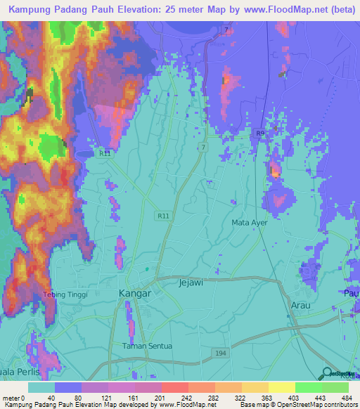 Kampung Padang Pauh,Malaysia Elevation Map