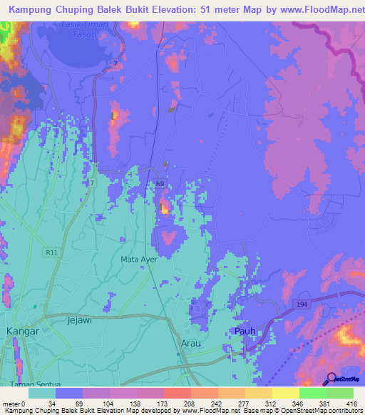 Kampung Chuping Balek Bukit,Malaysia Elevation Map