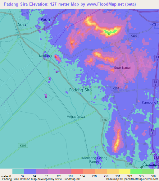 Padang Sira,Malaysia Elevation Map