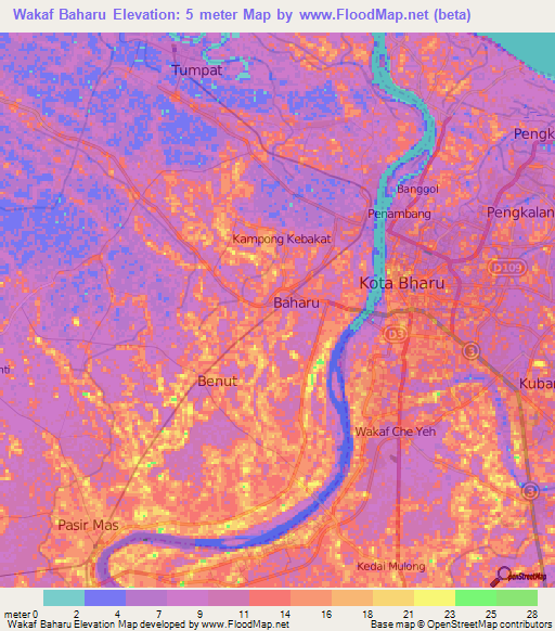 Wakaf Baharu,Malaysia Elevation Map