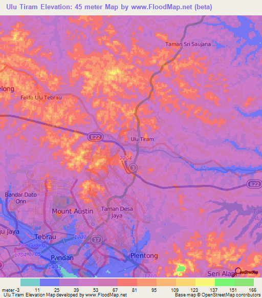 Ulu Tiram,Malaysia Elevation Map