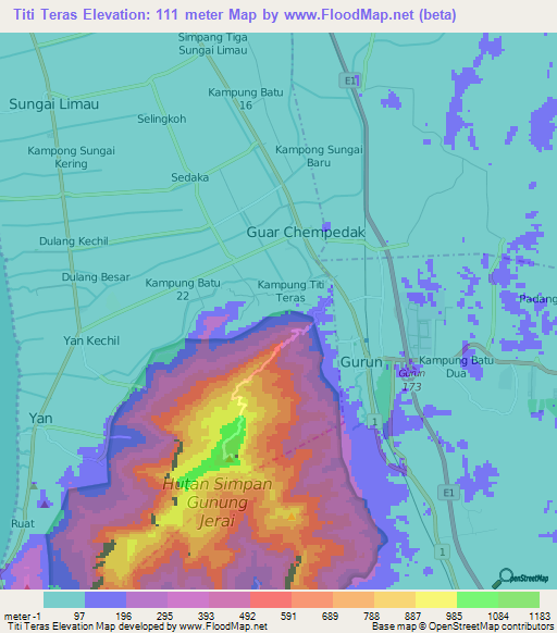 Titi Teras,Malaysia Elevation Map