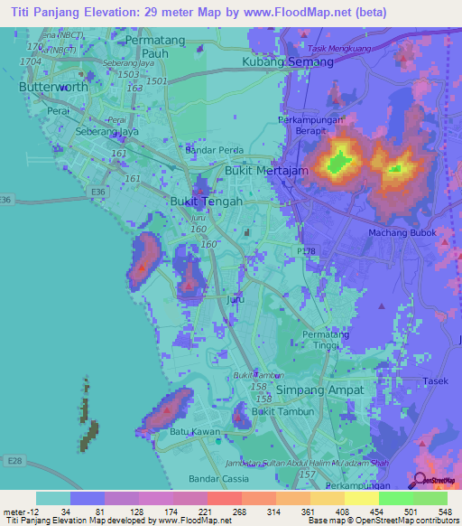 Titi Panjang,Malaysia Elevation Map