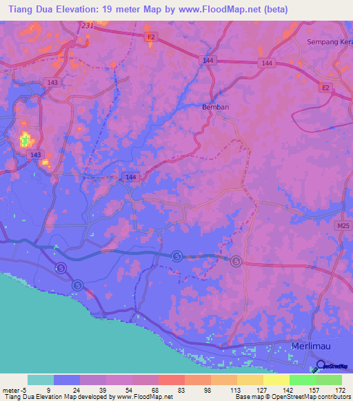 Tiang Dua,Malaysia Elevation Map