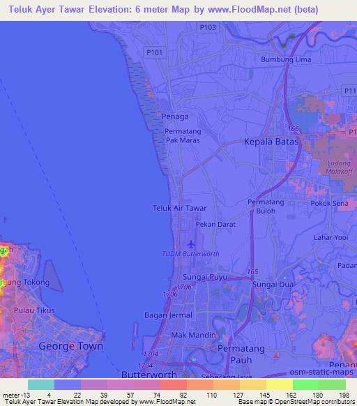 Teluk Ayer Tawar,Malaysia Elevation Map