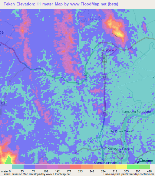 Tekah,Malaysia Elevation Map