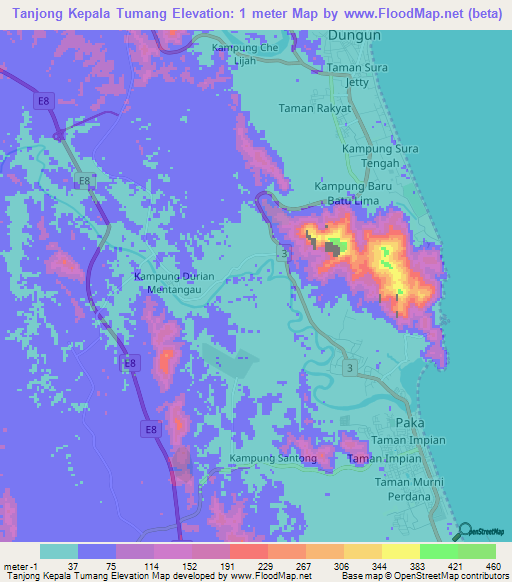 Tanjong Kepala Tumang,Malaysia Elevation Map