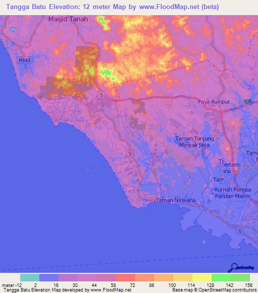 Tangga Batu,Malaysia Elevation Map