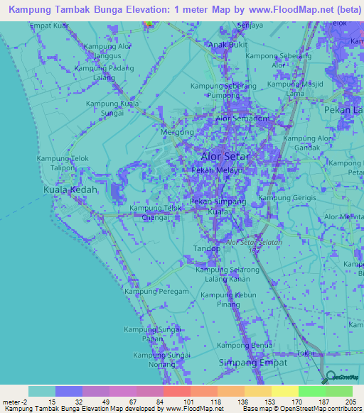 Kampung Tambak Bunga,Malaysia Elevation Map