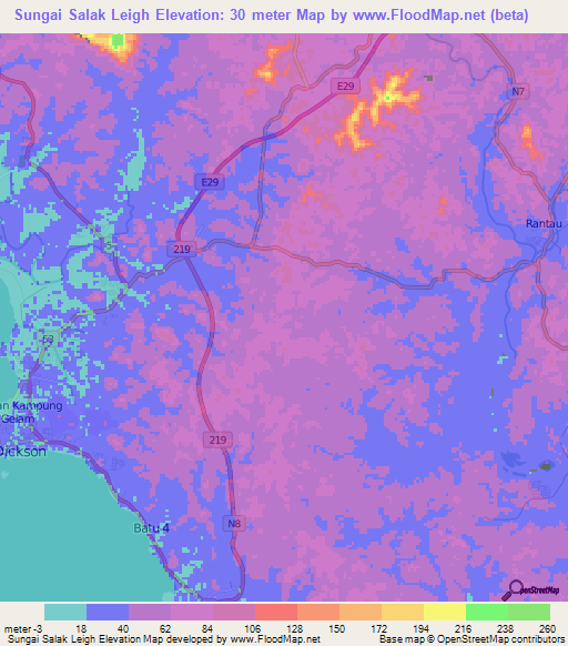 Sungai Salak Leigh,Malaysia Elevation Map