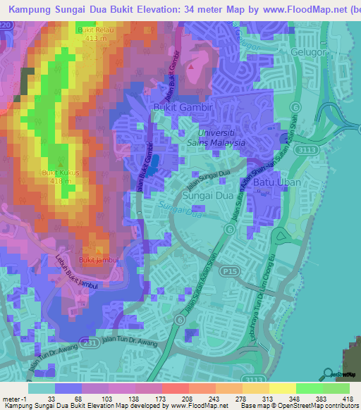 Kampung Sungai Dua Bukit,Malaysia Elevation Map