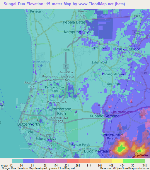 Sungai Dua,Malaysia Elevation Map