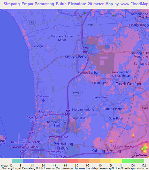 Simpang Empat Permatang Buluh,Malaysia Elevation Map