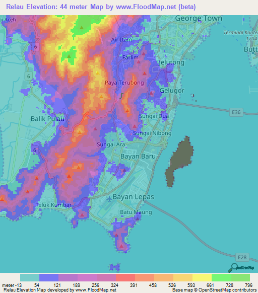 Relau,Malaysia Elevation Map