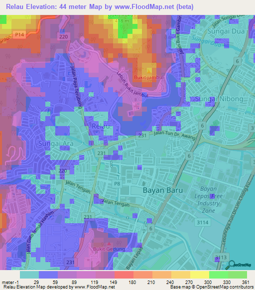 Relau,Malaysia Elevation Map