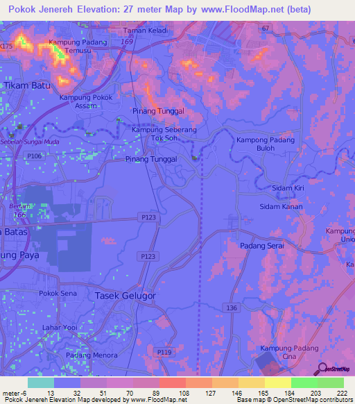 Pokok Jenereh,Malaysia Elevation Map