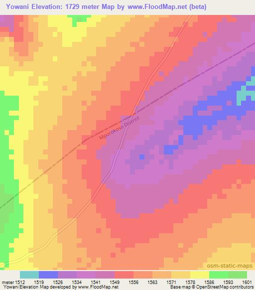 Yowani,Zambia Elevation Map