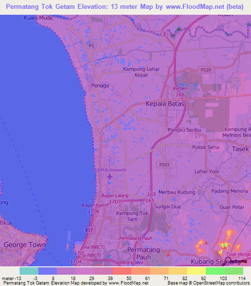 Permatang Tok Getam,Malaysia Elevation Map