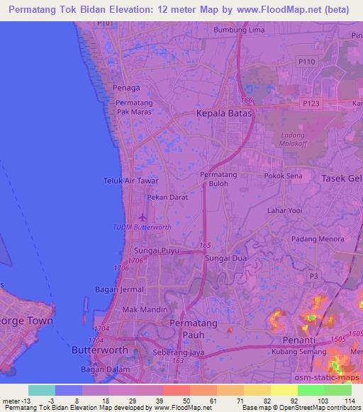 Permatang Tok Bidan,Malaysia Elevation Map