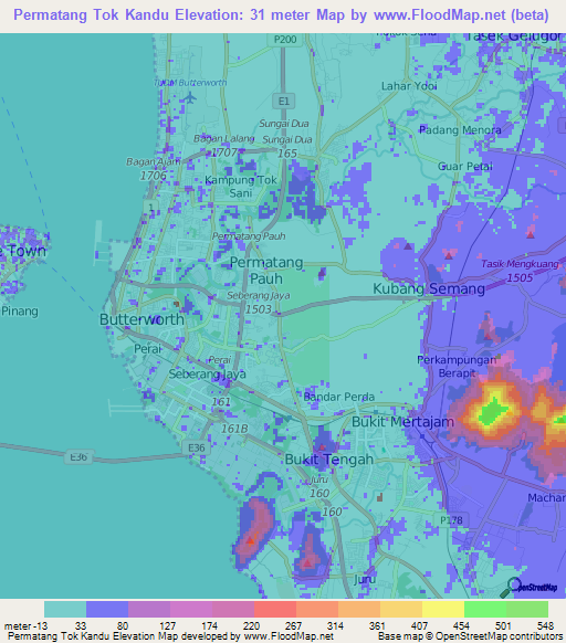 Permatang Tok Kandu,Malaysia Elevation Map