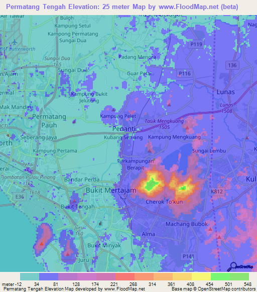 Permatang Tengah,Malaysia Elevation Map