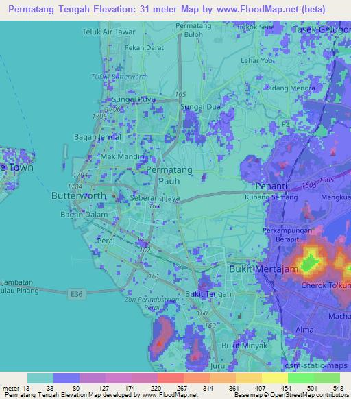 Permatang Tengah,Malaysia Elevation Map