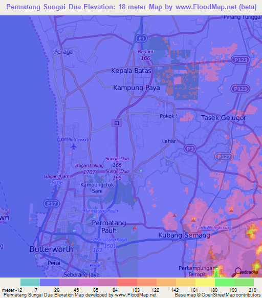 Permatang Sungai Dua,Malaysia Elevation Map