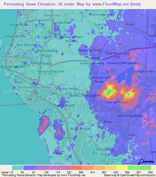 Permatang Rawa,Malaysia Elevation Map