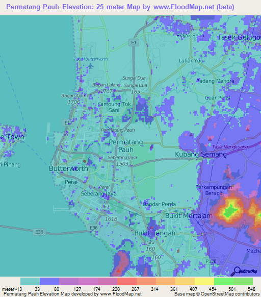 Permatang Pauh,Malaysia Elevation Map