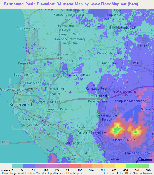 Permatang Pasir,Malaysia Elevation Map