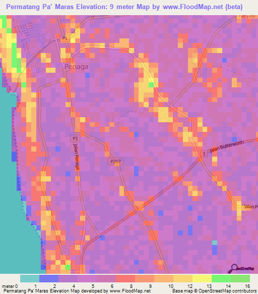 Permatang Pa' Maras,Malaysia Elevation Map