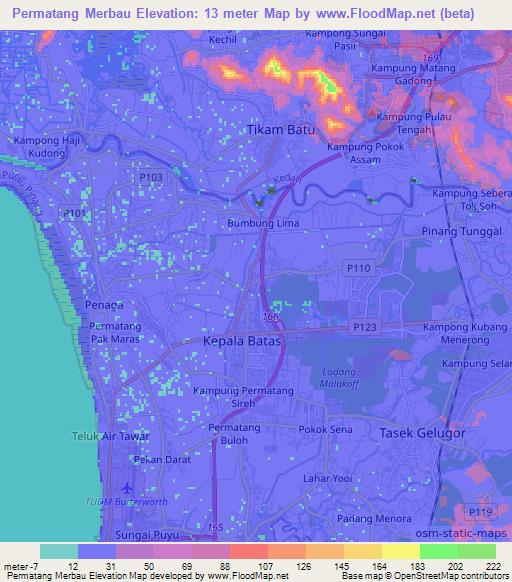 Permatang Merbau,Malaysia Elevation Map