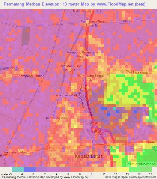 Permatang Merbau,Malaysia Elevation Map