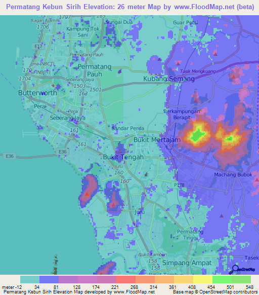 Permatang Kebun Sirih,Malaysia Elevation Map