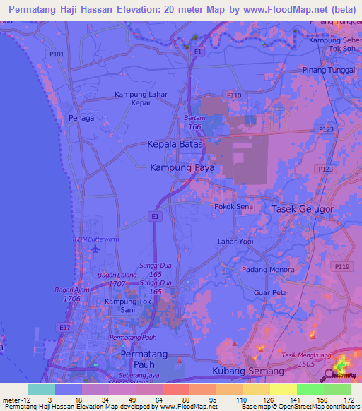 Permatang Haji Hassan,Malaysia Elevation Map