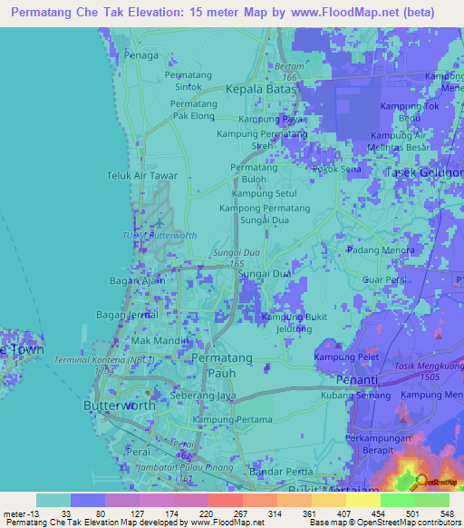 Permatang Che Tak,Malaysia Elevation Map