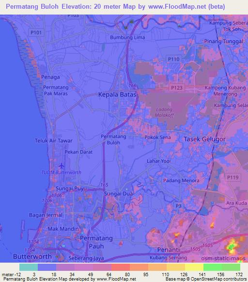 Permatang Buloh,Malaysia Elevation Map
