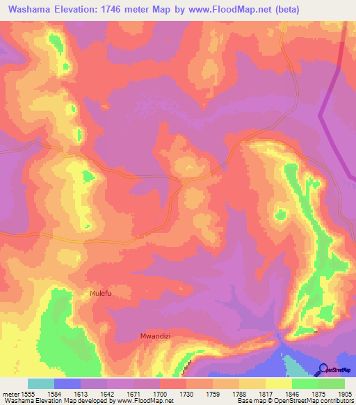 Washama,Zambia Elevation Map