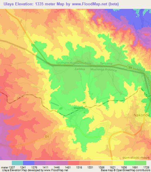 Ulaya,Zambia Elevation Map