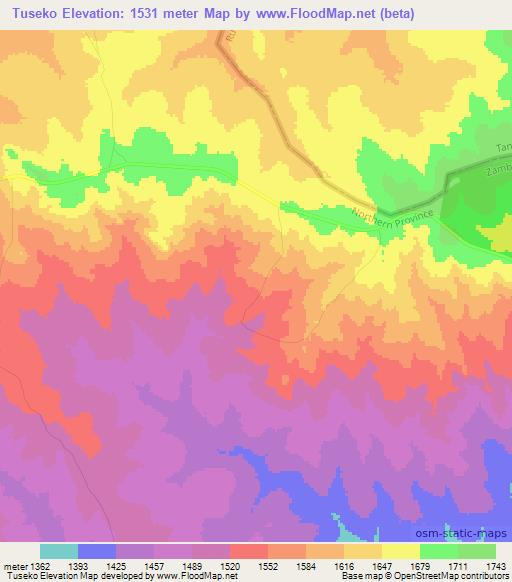 Tuseko,Zambia Elevation Map