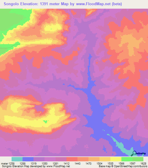 Songolo,Zambia Elevation Map