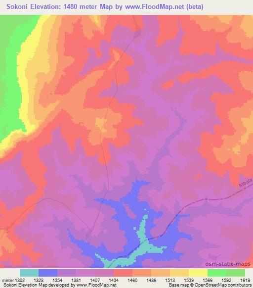 Sokoni,Zambia Elevation Map