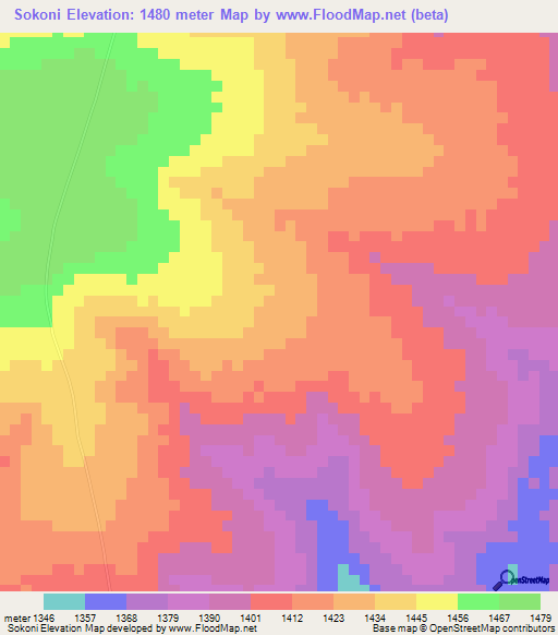 Sokoni,Zambia Elevation Map