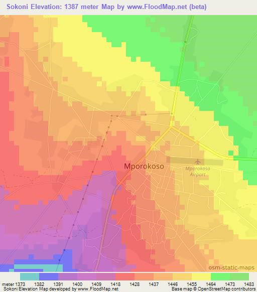 Sokoni,Zambia Elevation Map