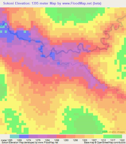 Sokoni,Zambia Elevation Map