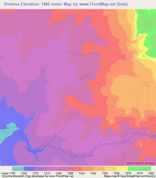 Sinsima,Zambia Elevation Map