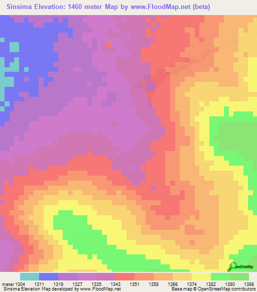 Sinsima,Zambia Elevation Map