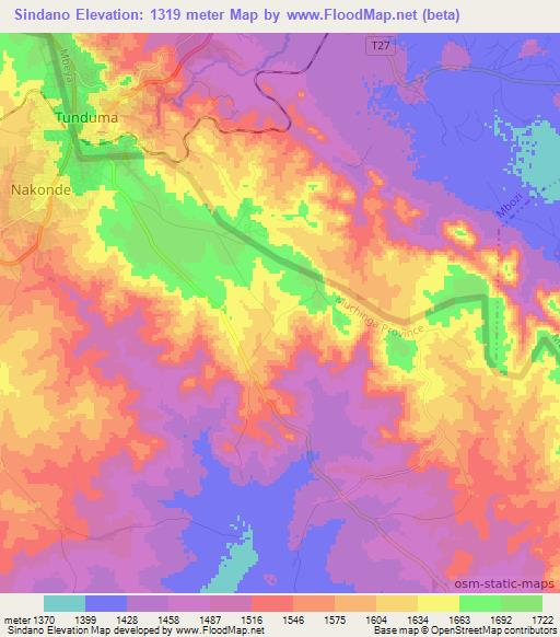 Sindano,Zambia Elevation Map