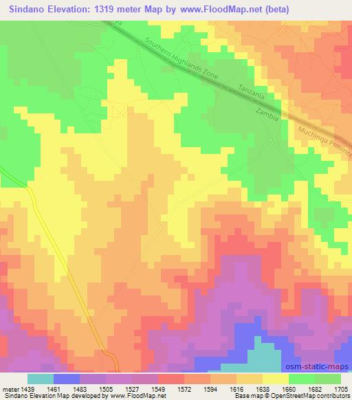 Sindano,Zambia Elevation Map