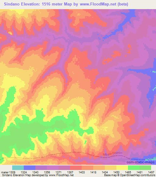 Sindano,Zambia Elevation Map